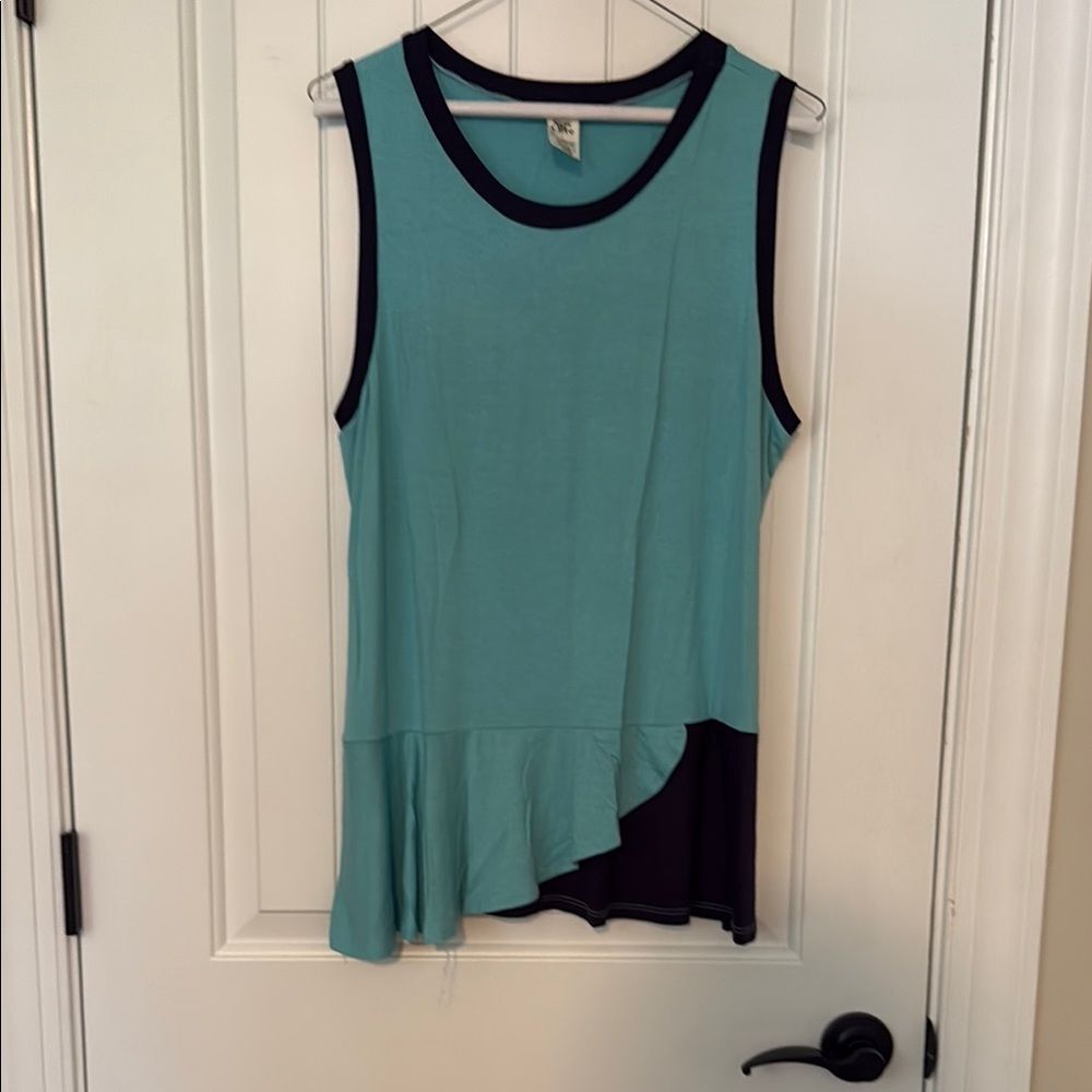 Sew In Love Sleeveless Teal & Navy Asymetric Ruffle Hem Tank Top Size L